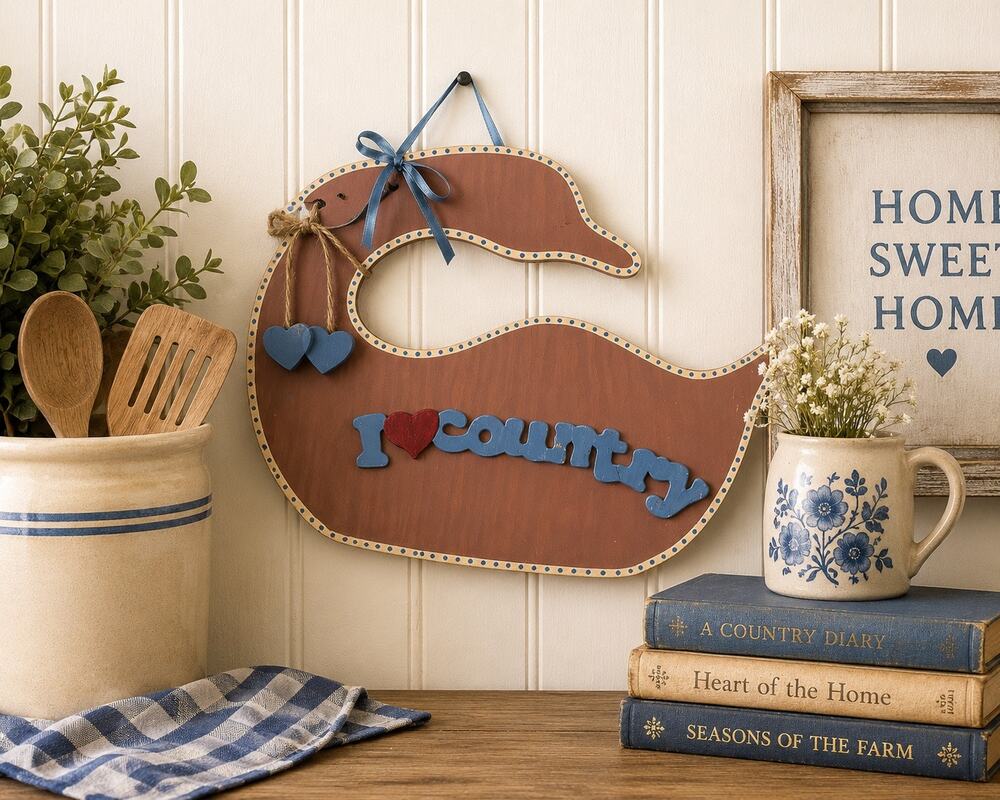 Vintage 1990 “I Love Country” Wooden Goose Wall Hanging Hand Painted Folk Art